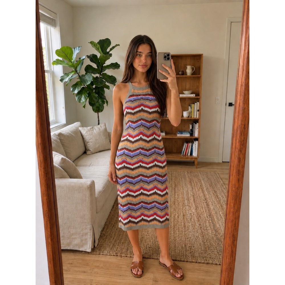 Womens Open Knit Halter Dress XS Multicolor‎ Chevron Boho 70s Retro Indie Hippie